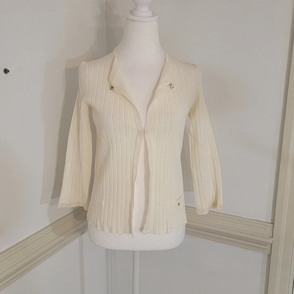 Vintage Chanel Ribbed Cardigan 06P Lagerfeld CC Logo Ivory Silk Trim Women XS 42